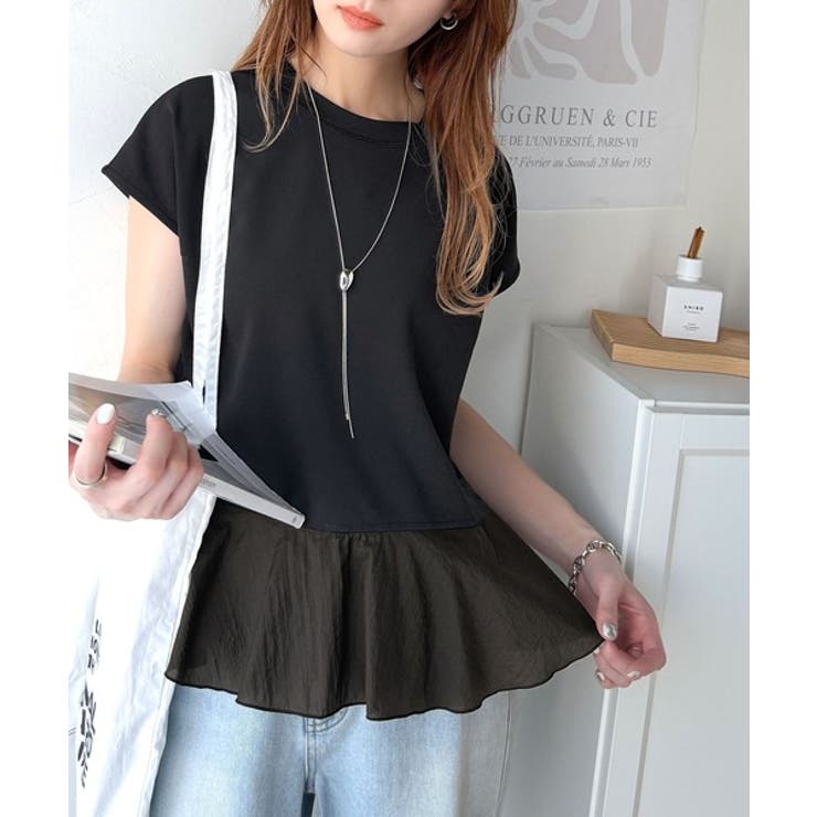 楽ちんなのに上品見え！裾フレア異素材切替フレンチスリーブブラウス | Classical Elf  | 詳細画像9 