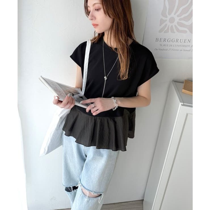 楽ちんなのに上品見え！裾フレア異素材切替フレンチスリーブブラウス | Classical Elf  | 詳細画像10 