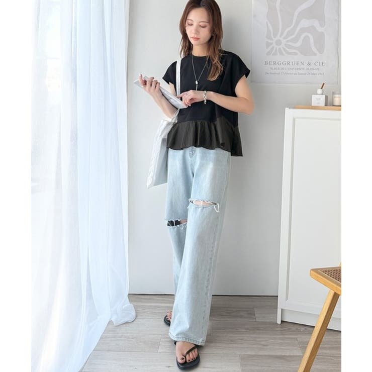 楽ちんなのに上品見え！裾フレア異素材切替フレンチスリーブブラウス | Classical Elf  | 詳細画像16 