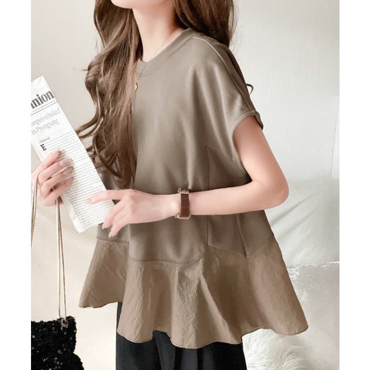 グレージュ | 楽ちんなのに上品見え！裾フレア異素材切替フレンチスリーブブラウス | Classical Elf 