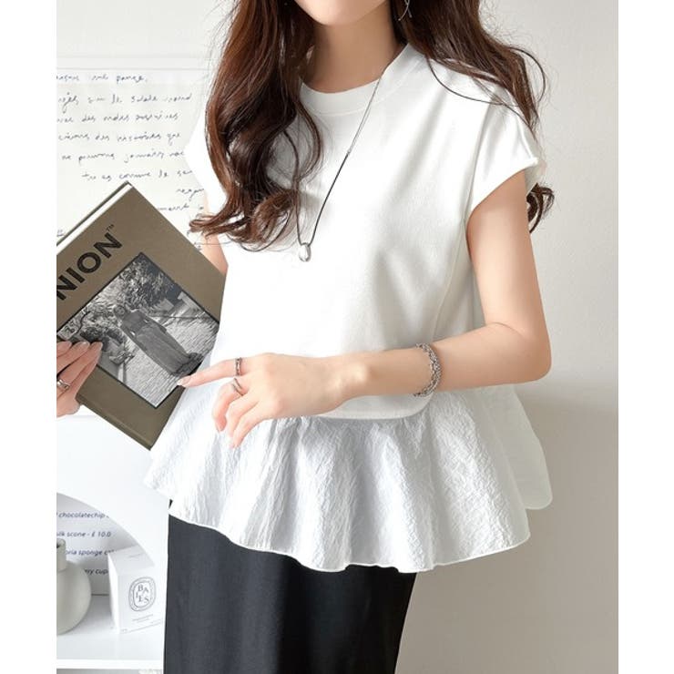 楽ちんなのに上品見え！裾フレア異素材切替フレンチスリーブブラウス | Classical Elf  | 詳細画像1 