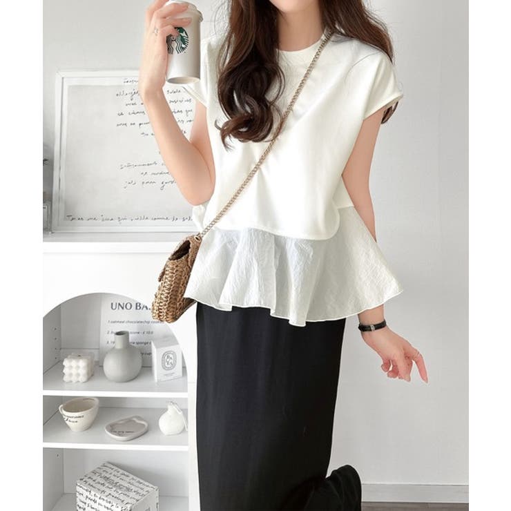 楽ちんなのに上品見え！裾フレア異素材切替フレンチスリーブブラウス | Classical Elf  | 詳細画像3 