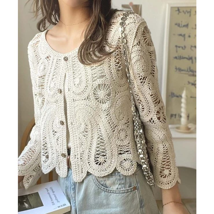 大人フェミニンな透け感トップス。前後2WAYクロシェレースカーディガン