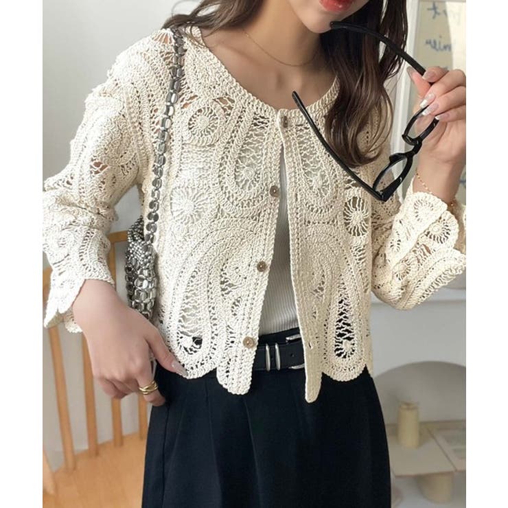 大人フェミニンな透け感トップス。前後2WAYクロシェレースカーディガン