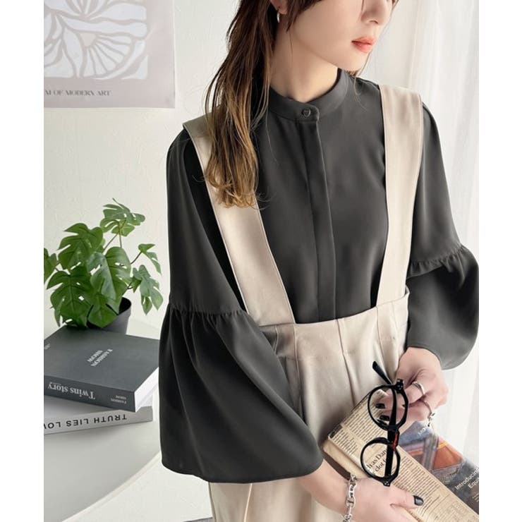 チャコール | 360度可愛い♪フレアスリーブバンドカラーブラウス（長袖） | Classical Elf 