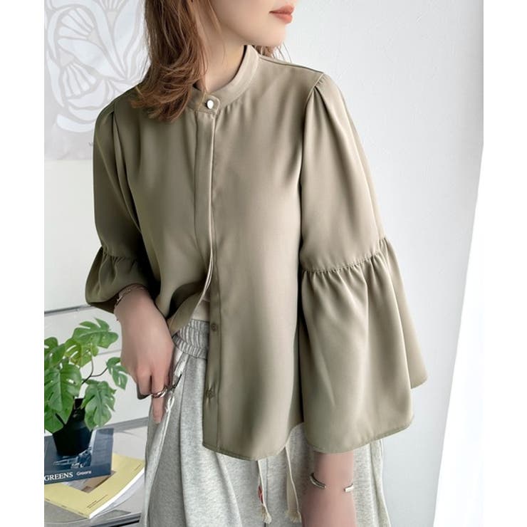 グレージュ | 360度可愛い♪フレアスリーブバンドカラーブラウス（長袖） | Classical Elf 