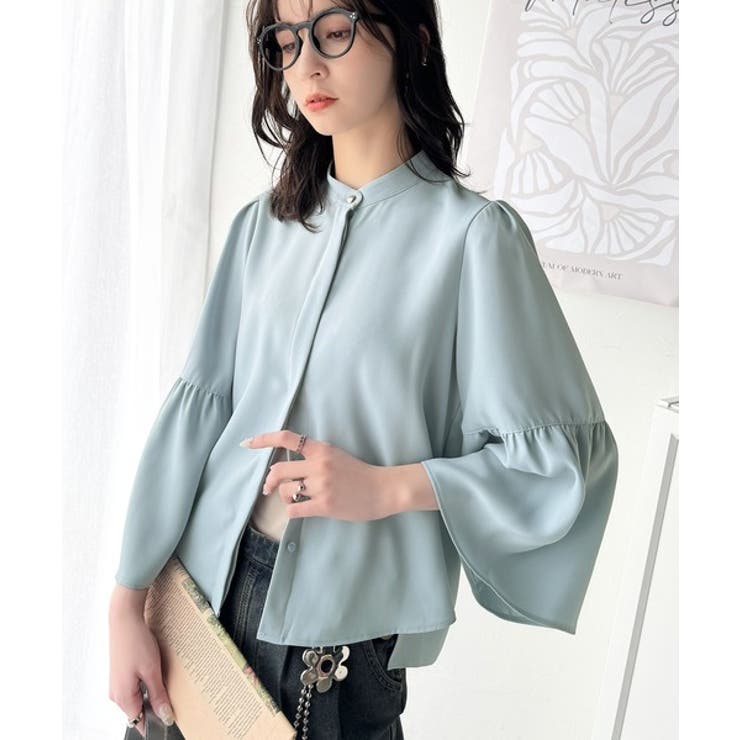 ブルー | 360度可愛い♪フレアスリーブバンドカラーブラウス（長袖） | Classical Elf 