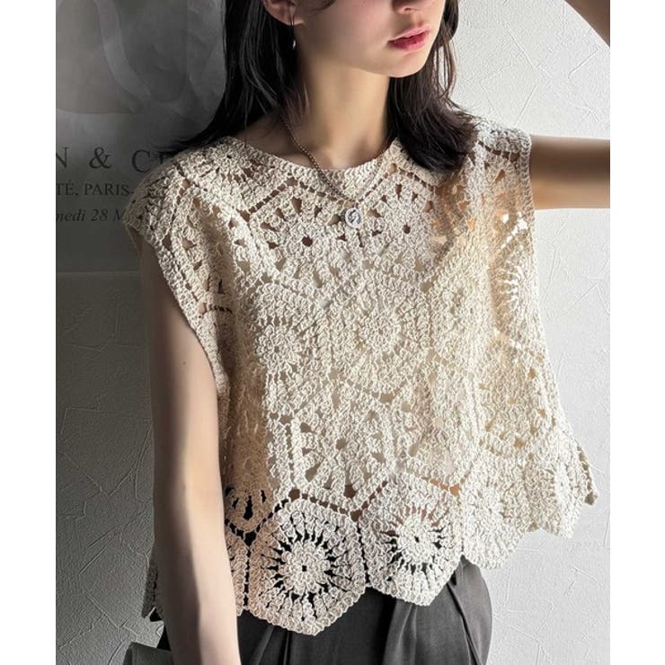 A：アイボリー（六角形） | レトロ感漂うトレンド♪前後2WAYクロシェレースフレンチスリーブカットソー | Classical Elf 