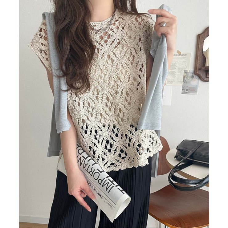 レトロ感漂うトレンド♪前後2WAYクロシェレースフレンチスリーブカットソー | Classical Elf  | 詳細画像12 