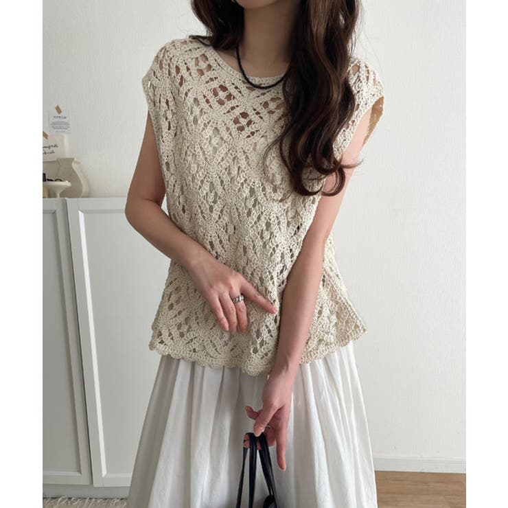 レトロ感漂うトレンド♪前後2WAYクロシェレースフレンチスリーブカットソー | Classical Elf  | 詳細画像14 