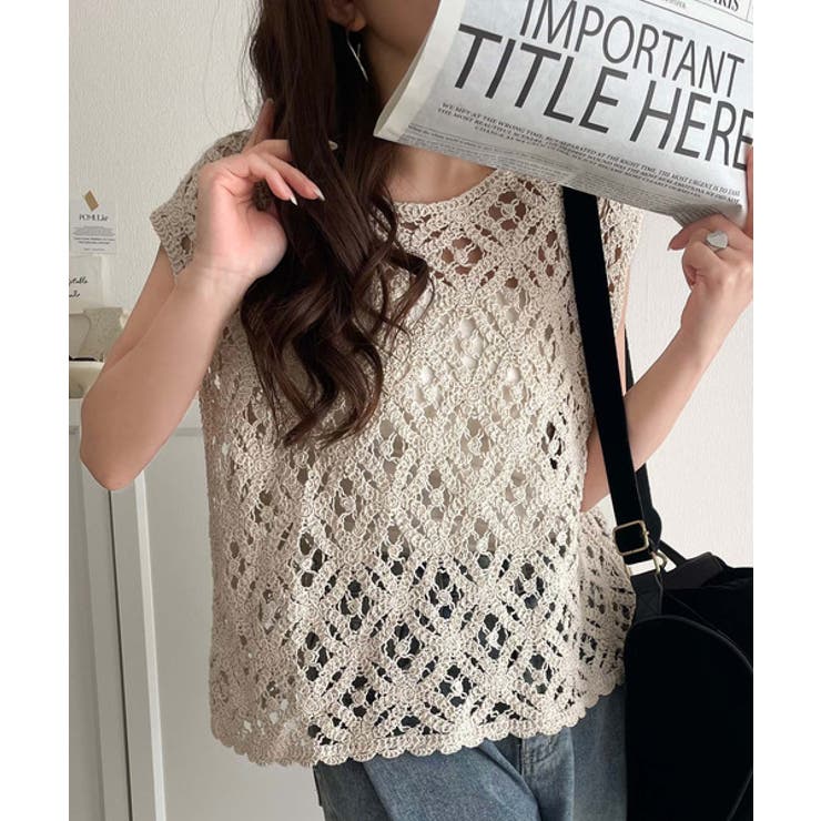 B：アイボリー（四角形） | レトロ感漂うトレンド♪前後2WAYクロシェレースフレンチスリーブカットソー | Classical Elf 