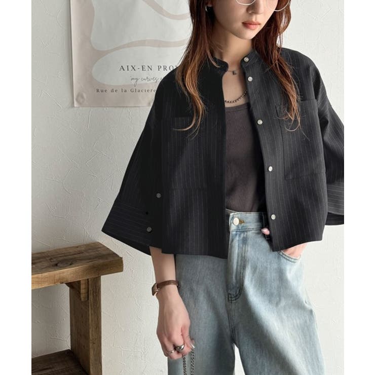 大人の上品トップス。バンドカラーワイドスリーブショート丈ストライプシャツ（半袖） | Classical Elf  | 詳細画像9 