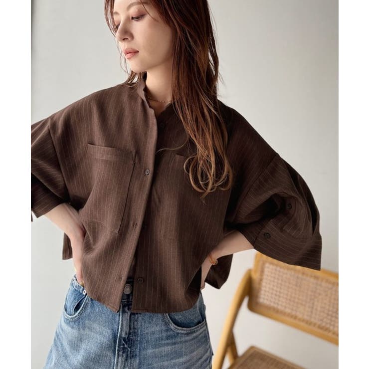 大人の上品トップス。バンドカラーワイドスリーブショート丈ストライプシャツ（半袖） | Classical Elf  | 詳細画像11 