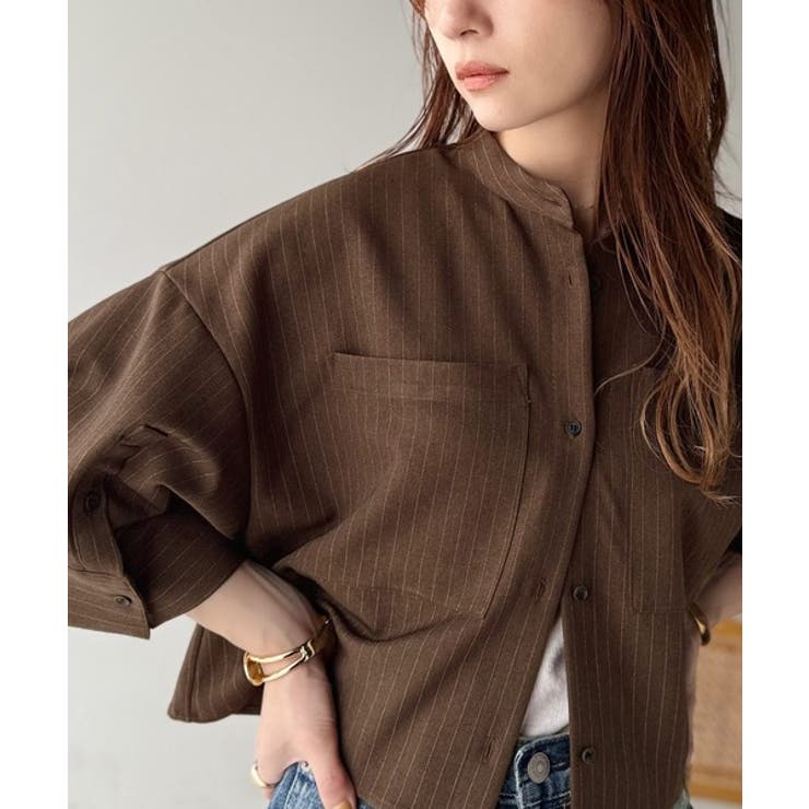 大人の上品トップス。バンドカラーワイドスリーブショート丈ストライプシャツ（半袖） | Classical Elf  | 詳細画像12 