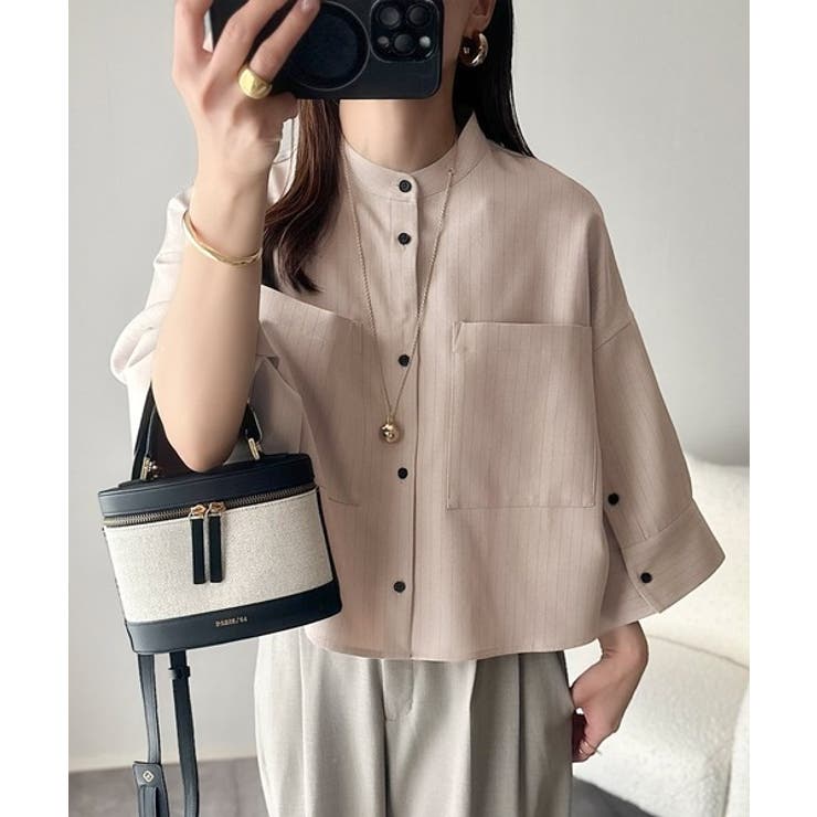 大人の上品トップス。バンドカラーワイドスリーブショート丈ストライプシャツ（半袖） | Classical Elf  | 詳細画像22 