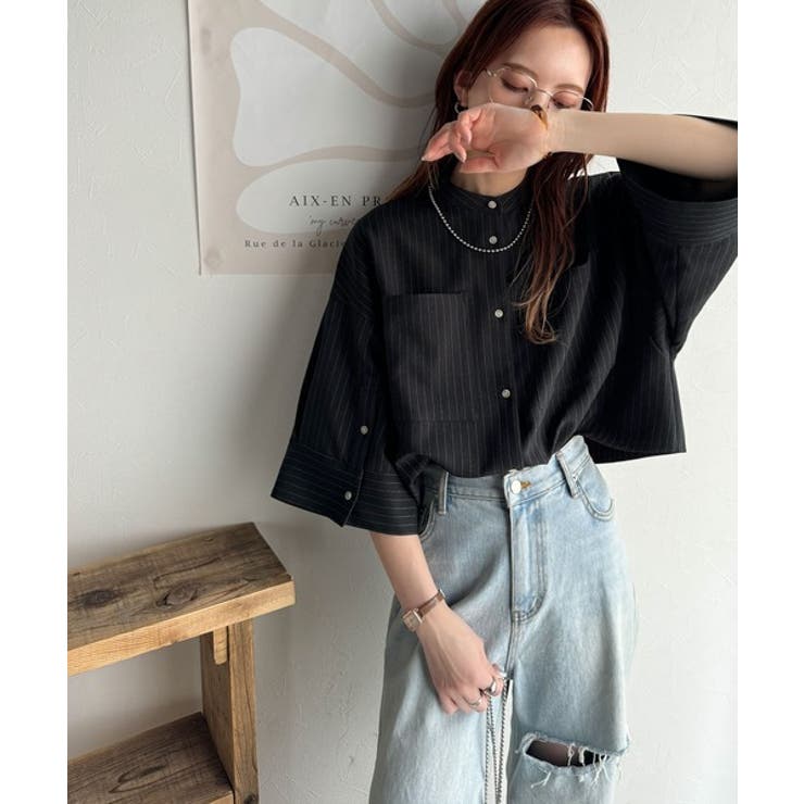 大人の上品トップス。バンドカラーワイドスリーブショート丈ストライプシャツ（半袖） | Classical Elf  | 詳細画像2 