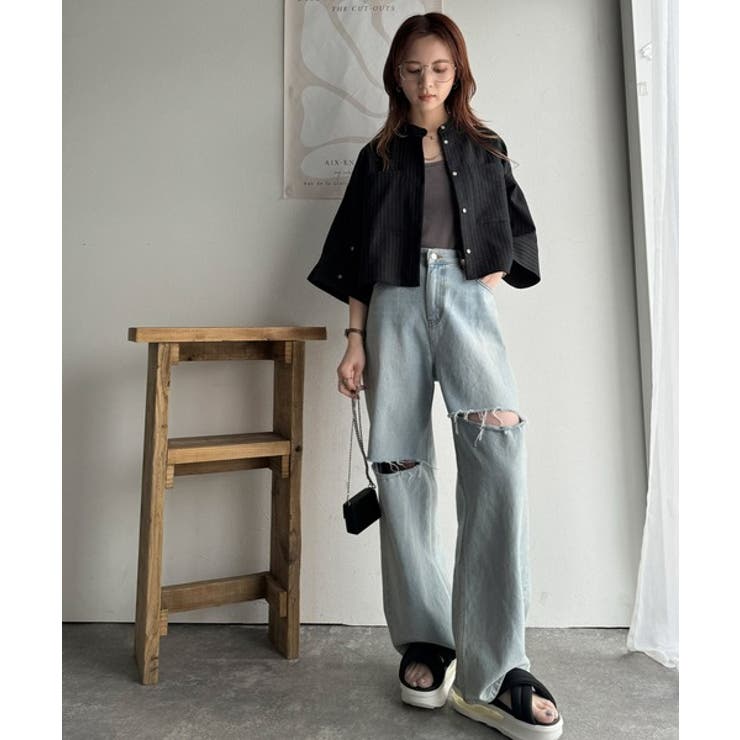 大人の上品トップス。バンドカラーワイドスリーブショート丈ストライプシャツ（半袖） | Classical Elf  | 詳細画像5 