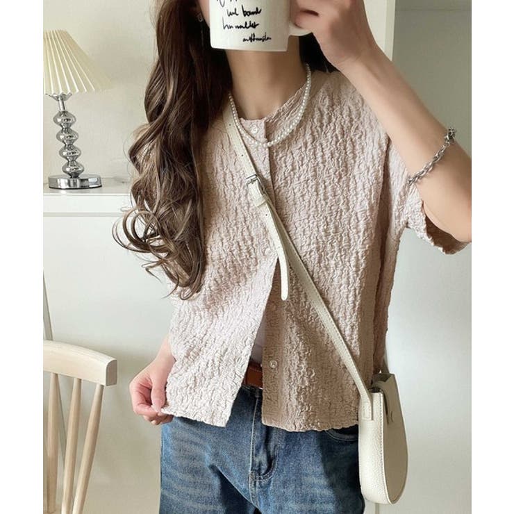 グレージュ | ラフに着てもサマになる！前後2wayクラッシュジャカードノーカラーブラウス（半袖… | Classical Elf 