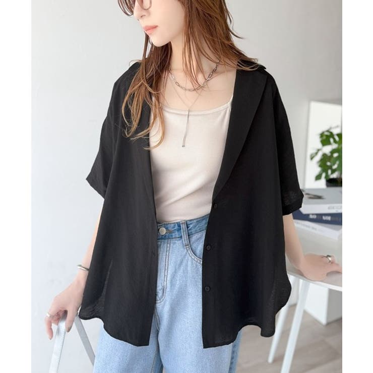 ブラック | 透ける、揺れる、魅せる。ヴィンテージライクシアー素材開襟シャツブラウス（半袖） | Classical Elf 