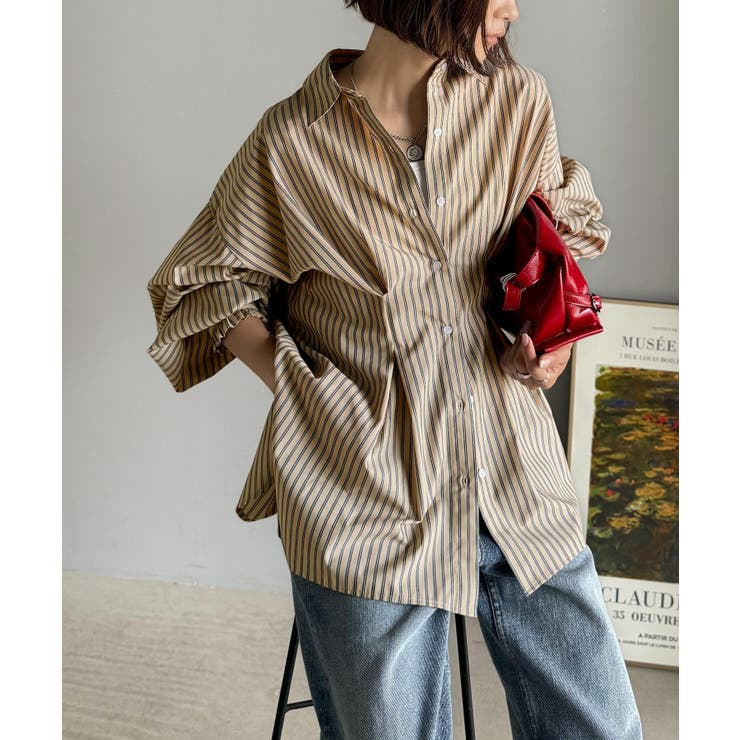 甘さ控えめの好バランス◎ウエストタック袖フリルビッグ長袖シャツ（無地 チェック柄… | Classical Elf  | 詳細画像31 