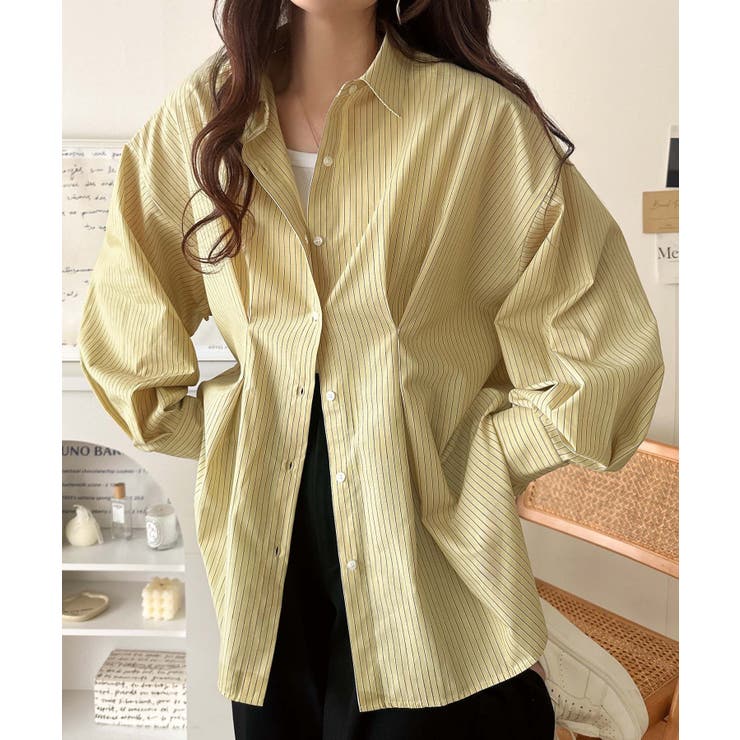 甘さ控えめの好バランス◎ウエストタック袖フリルビッグ長袖シャツ（無地 チェック柄… | Classical Elf  | 詳細画像46 