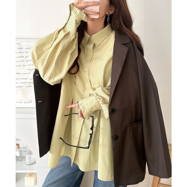 甘さ控えめの好バランス◎ウエストタック袖フリルビッグ長袖シャツ（無地 チェック柄… | Classical Elf  | 詳細画像47 