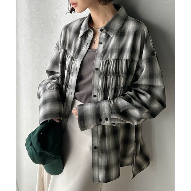 ブラックチェック | 立体感を纏う。シャーリングビスチェ風ロングカフスビッグシャツ（長袖） | Classical Elf 