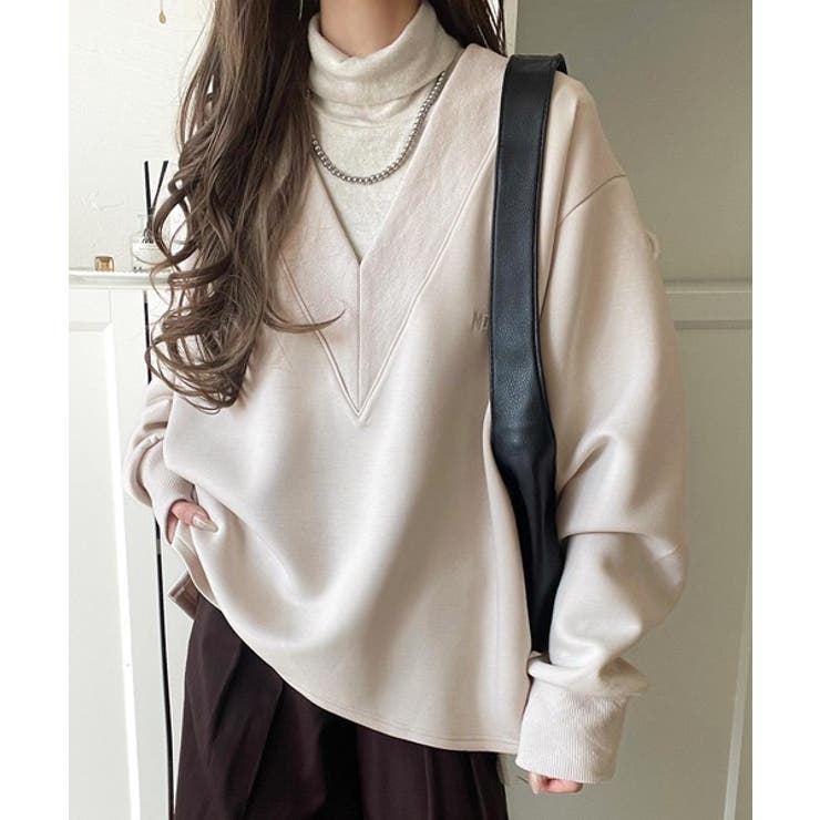 抜け感と上品さを両立。深めのネックで小顔見え♪ 胸刺繍Vネックダンボールニットト… | Classical Elf  | 詳細画像34 