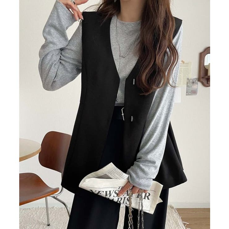 ブラック | 夏コーデを格上げ♪比翼デザイン麻調ペプラムジレベスト | Classical Elf 