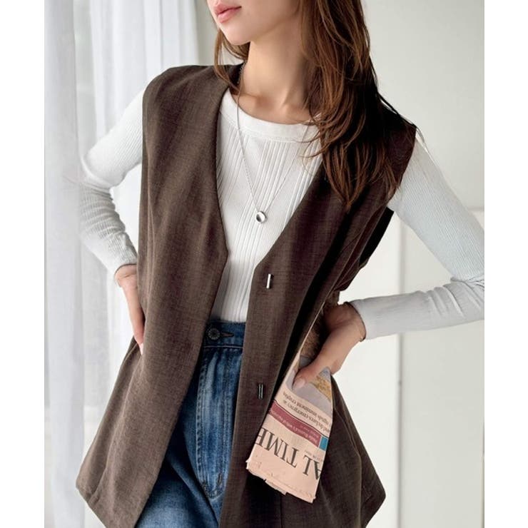 ブラウン | 夏コーデを格上げ♪比翼デザイン麻調ペプラムジレベスト | Classical Elf 