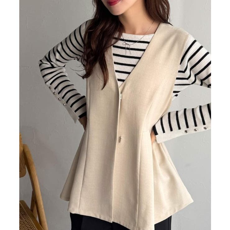 ベージュ | 夏コーデを格上げ♪比翼デザイン麻調ペプラムジレベスト | Classical Elf 