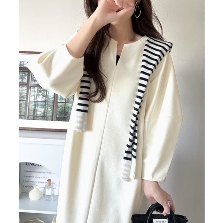 アイボリー | 清楚にフェミニン、品よく抜け感。ランタンスリーブキーネックワンピース（ロング丈） | Classical Elf 