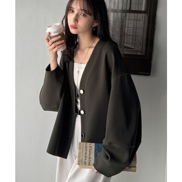 グレイッシュブラウン | たっぽり袖×ゴールドボタンの欲張りカーデ。ランタンスリーブ金釦Vネックカーディガ… | Classical Elf 