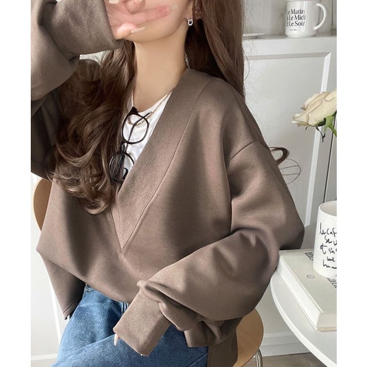 ブラウン | 「大人の余裕感」をまとえる！Vネックダンボールカットソー（長袖） | Classical Elf 