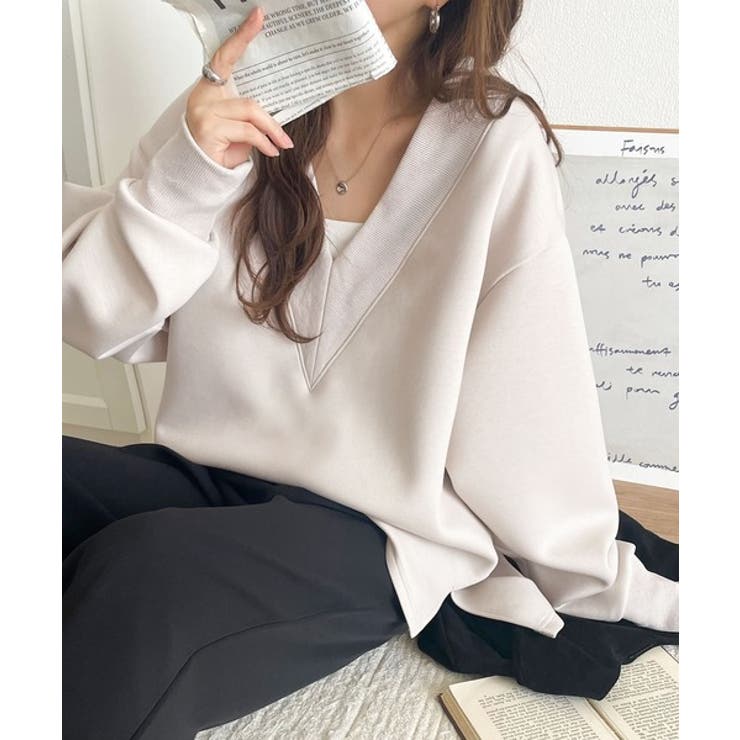 グレージュ | 「大人の余裕感」をまとえる！Vネックダンボールカットソー（長袖） | Classical Elf 