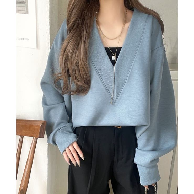 ブルー | 「大人の余裕感」をまとえる！Vネックダンボールカットソー（長袖） | Classical Elf 