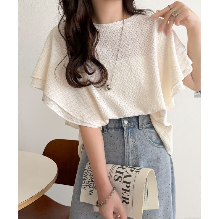 一枚で“きれい可愛い”が完成！レースジャガードフリルスリーブTシャツ | Classical Elf  | 詳細画像1 