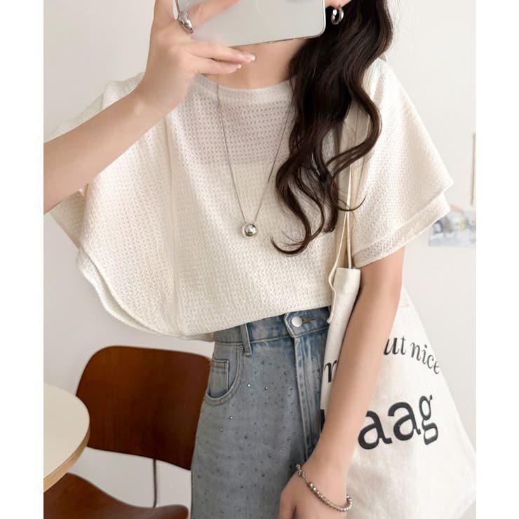 一枚で“きれい可愛い”が完成！レースジャガードフリルスリーブTシャツ | Classical Elf  | 詳細画像3 