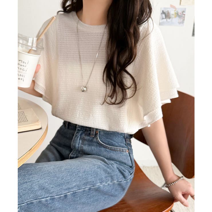 一枚で“きれい可愛い”が完成！レースジャガードフリルスリーブTシャツ | Classical Elf  | 詳細画像4 