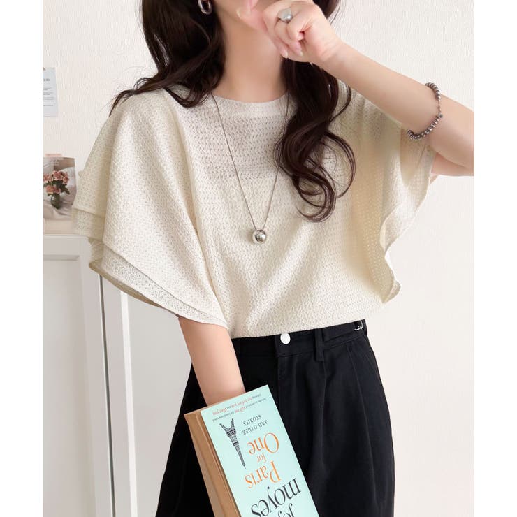 一枚で“きれい可愛い”が完成！レースジャガードフリルスリーブTシャツ | Classical Elf  | 詳細画像5 