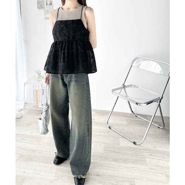 大人のレイヤードスタイル。シアー花柄刺繍オーバーキャミビスチェ 