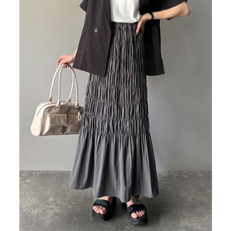 チャコール | 光沢感とシルエットが女性らしい。マーメイド風シャーリングナロースカート(ロング丈… | Classical Elf 