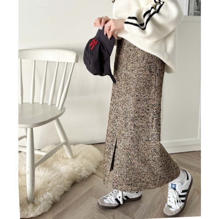 美しいシルエットで上品見え♪ツイードヘリンボーンハイウエストタイト