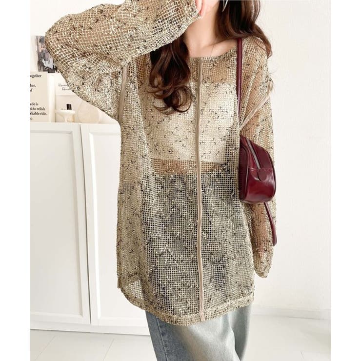 ベージュ | 透け感とルーズシルエットが今っぽい！前後2wayメッシュニットトップス(長袖) | Classical Elf 