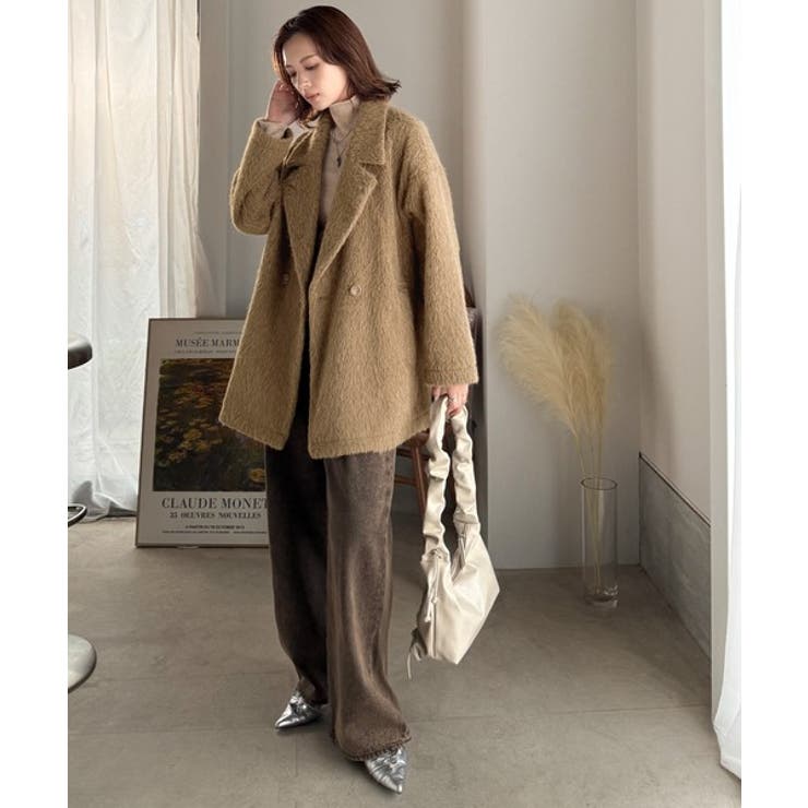 GIUNON ウールジャケット 大きな襟付き ふわり纏うだけで上品見え。2wayシャギーダブルビックカラージャケット