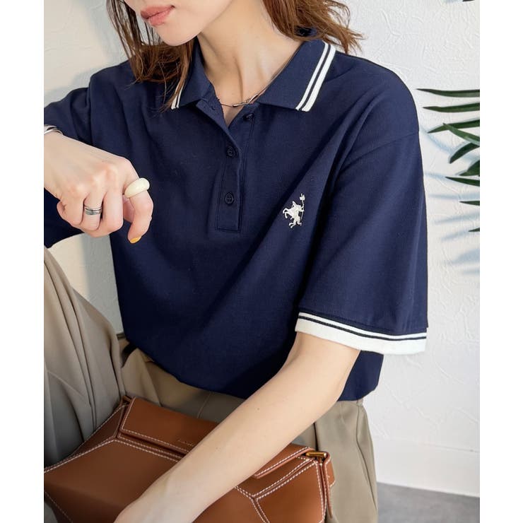 ネイビー | クラシカル×スポーティMIX。綿100％胸刺繍 ラインデザインオーバーサイズ鹿の… | Classical Elf 