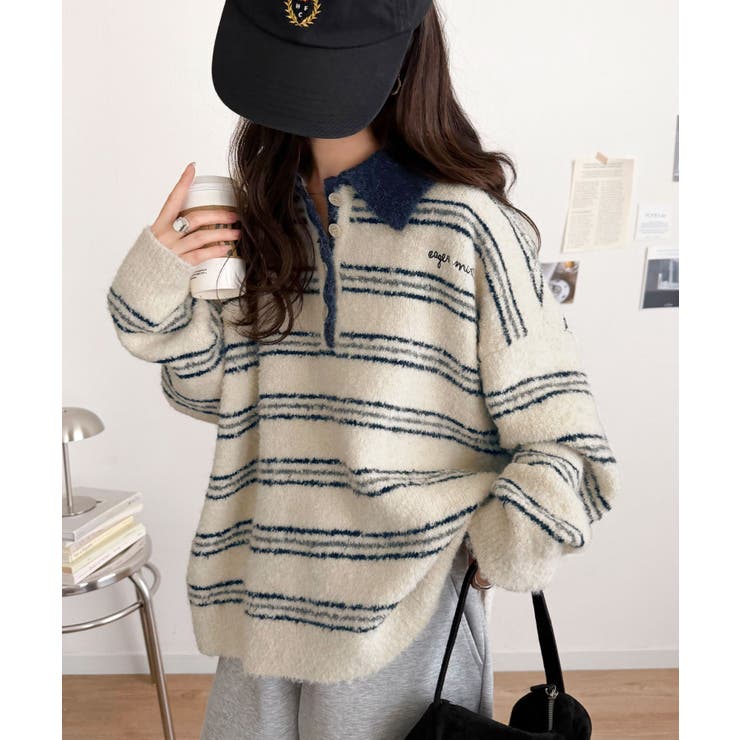 メンズライクに女子っぽさを。胸刺繍ブークレ配色ボーダーニットポロ