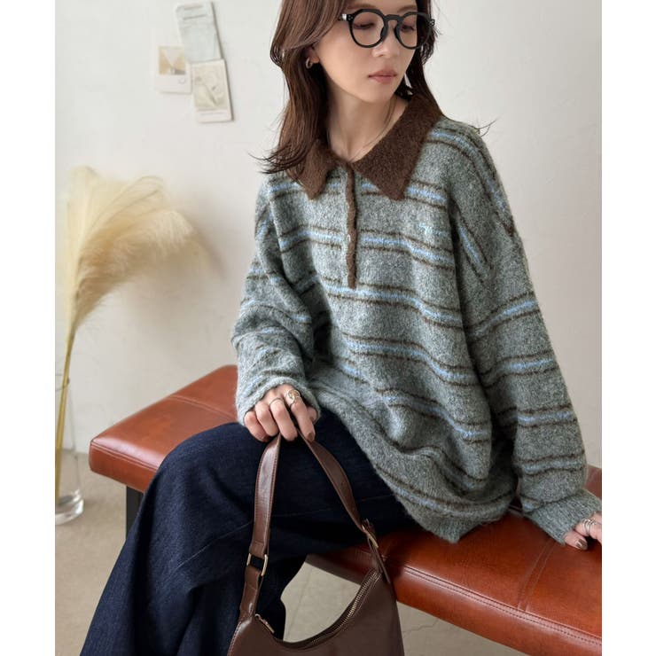 メンズライクに女子っぽさを。胸刺繍ブークレ配色ボーダーニットポロ（長袖） | Classical Elf  | 詳細画像18 