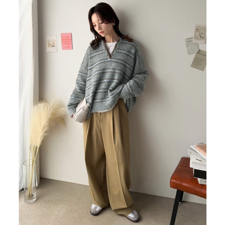 メンズライクに女子っぽさを。胸刺繍ブークレ配色ボーダーニットポロ（長袖） | Classical Elf  | 詳細画像22 