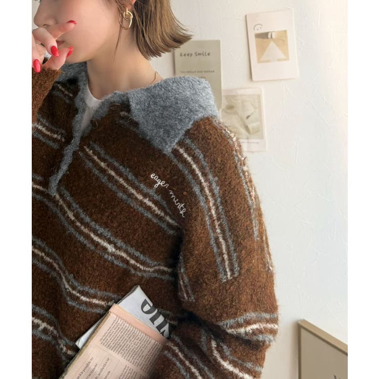 メンズライクに女子っぽさを。胸刺繍ブークレ配色ボーダーニットポロ（長袖） | Classical Elf  | 詳細画像25 